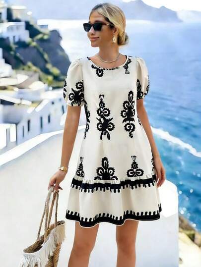 Wandoria Women's Apricot Floral Print Round Neck Tie Back Butterfly Sleeve A-Line Casual Summer Holiday Mini Dress