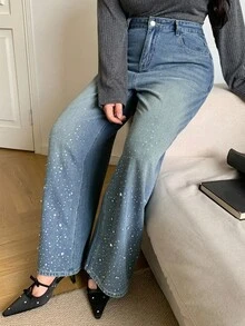 Dazy Plus 亮片和水钻装饰宽松直筒长牛仔裤，适合秋季和所有季节 - 中等水洗藍 - 查看 8
