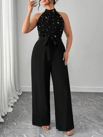 Elenzga Bộ jumpsuit cổ yếm thanh lịch dành cho nữ cỡ lớn, đính ngọc trai giả, thích hợp cho hẹn hò, tiệc tùng, mùa hè.