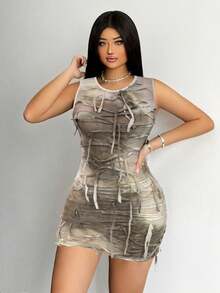 VaVaBold Women's Tie-Dye Round Neck Fashionable Date Night Party Mini Dress - Apricot - View 3