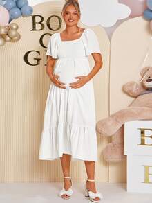 SHEIN Elegant Party Solid Color Ruffle Hem Maternity Dress,Gender Reveal Dress,Maternity Dress, Baby Shower Dress,  Luxury Evening Dresses For Women - White - View 9