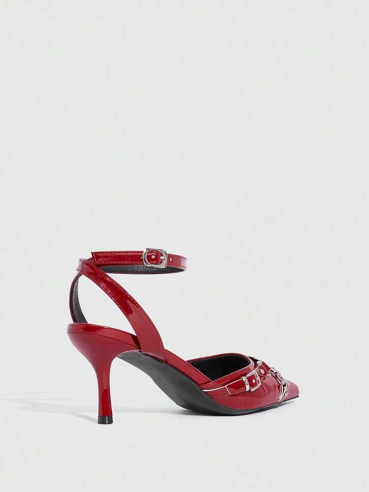 CUCCOO SZL Women's Shoes, Red Punk Pointed Thin Heel Sandals, Retro Style, Metal Buckle Decoration Shows Personalized, Multi-Metal Buckle Rivet Decoration, Slingback Cross Strap Design, Thin Heel Elongated Leg Lines, Suitable For Niche Style, Can Be Matched With Hot Girl Skirts, Tooling Style Clothing, Used For Parties, Music Festivals Or Daily Street To Create Eye-Catching Shapes