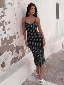 Bonvoyette Women's Fashion Black & White Polka Dot Print Contrast Lace Dress - Black and White - View 3