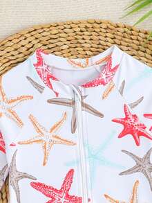 SHEIN Baby Girl Starfish Print Long Sleeve Zipper Front One-Piece Swimsuit With Matching Hat,High-Stretch Sun Protection Swimwear For Holiday Beach Vacation - Multicolor - View 4