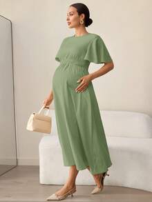 MaterniWear 孕妇纯色圆领休闲度假短袖连衣裙 - 綠色 - 查看 5