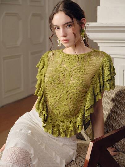 Anewsta Women's Elastic Ruffled Hem Cropped Top, Vacation Style, Spring/Summer