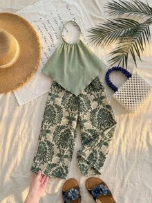 SHEIN 两件套：纯色不对称领吊带背心和阔腿裤，适合年轻女孩，夏季休闲、度假、旅行穿着。 - 綠色 - 查看 1
