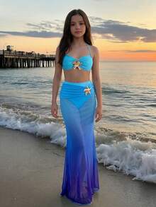 SHEIN Tween Girl Vacation 3pcs Blue Starfish Metal Button Bikini 3 Pieces Set, Beach Holiday - Blue - View 1