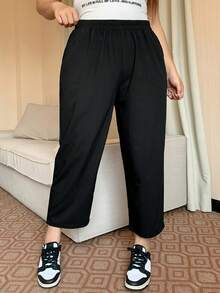 Dazy Petite Plus Elastic Waist Loose Harem Solid Color Casual Long Pants, All Season Fall - Black - View 8
