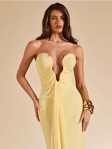 SHEIN BAE Đầm maxi màu vàng kem gợi cảm cổ chữ V sâu, kiểu yếm, đầm vàng, đầm dài thanh lịch, đầm lưới đi biển. - Vàng nhạt - Xem 5