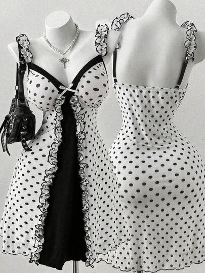 Sunspun 大码女式波点荷叶边蝴蝶结装饰时尚约会连衣裙