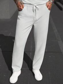 Manfinity CasualCool 男士纯色抽绳腰带口袋阔腿宽松休闲裤 - 米色 - 查看 3