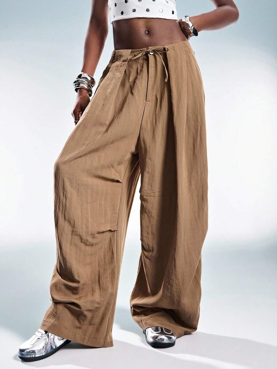 GENKIRA Retro Casual Elastic Waist Drawstring Loose Pants - Champagne - View 1