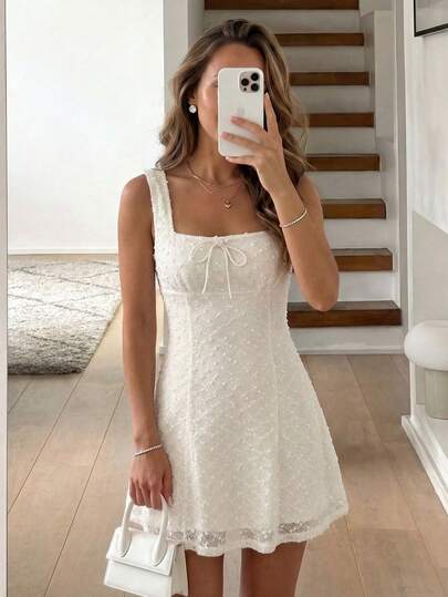 Easowa Women's Solid Color Front Tie Square Neck Sleeveless Fashionable Mini Dress