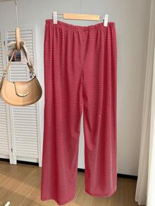 Comfortcana Quần ống rộng kẻ sọc đỏ trắng, kiểu dáng thường ngày, có dây rút, phù hợp cho mùa thu/đông. - Đỏ - Xem 2