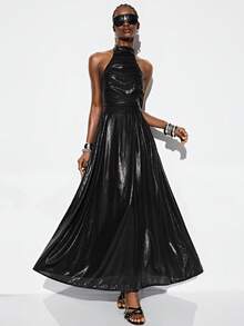 Aveloria GENKIRA Robe métallique à col ras-du-cou et dos nu avec fermeture éclair, en tissu noir brillant, design col Top et dos nu avec fermeture éclair, robe longue ajustée, polyvalente pour soirée urbaine futuriste au printemps/été - Noir - Voir 3