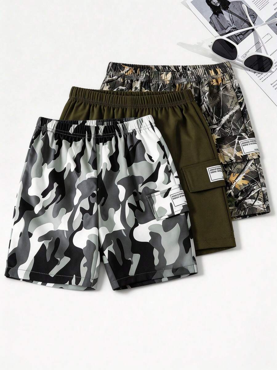 SHEIN Bộ 3 quần short dệt kim dáng rộng, màu trơn và họa tiết lá cây rằn ri, thoải mái khi mặc hàng ngày, phù hợp cho đi làm, đi học, giải trí, du lịch, thể thao, mùa xuân/hè.