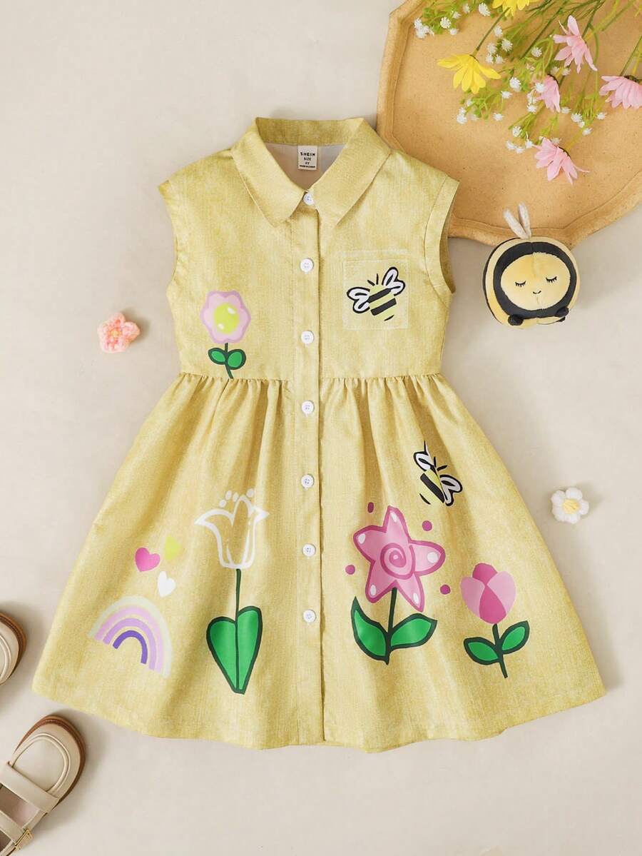 SHEIN Playful Pals 女童可愛蜜蜂與花朵印花領口無袖洋裝,適合春夏季外出與日常穿著 - 黃色 - 查看 1