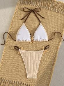 Swim Mod Beige,Summer,Casual,Beach,Vacation,Holiday Women Solid Triangle Cup Ruched Front Tie Strap Starfish Decor Two Pieces Swimwear Seashell Bikini Set - Beige - View 2
