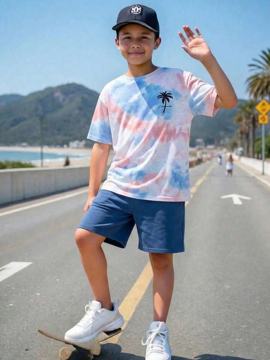 Bộ áo thun nam trẻ tuổi phong cách tối giản thường ngày, kiểu dáng nghỉ dưỡng, nhuộm tie-dye, họa tiết cây dừa, bãi biển, thể thao, mềm mại và thoải mái, thích hợp cho mùa hè. - trắng - Xem 1