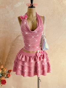 Soleia 女士春夏休闲度假两件套：粉色金属丝花卉装饰垂褶领上衣 + 多层荷叶边迷你裙，适合海滩、邮轮等场合。 - 粉色 - 查看 9