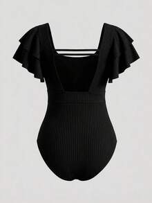 Sweetra CURVE Plus Size Exaggerated Ruffle Puff Sleeve One-Piece Swimsuit For Vacation For Summer - Black - View 2