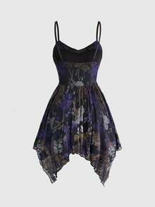 ROMWE Romantic Gothic Floral Print Asymmetrical Hem Waist Cinching Super Mini Dress, Plus Size Birthday Dress - Black - View 7