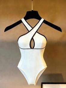 Franclia Women's Minimalist Elegant Solid Color Colorblock Crisscross Halter Bodysuit   Summer Clothes   Summer Outfits   Summer Outfit For Women   Beach Outfit For Women   Beach Outfits For Women   Beach Outfit   Casual Bodysuit  For Women   Casual Bodysuit   Vacation Outfits Women   Holiday Outfits For Women   Summer Holiday Outfits  Vacation Outfits For Women  White Bodysuit   White Bodysuit  For Women Body Suit Swimsuit Bathing Suit For Women Womans Swimming Costume Bodysuits For Ladies Swimsuits For Woman Club - White - View 1