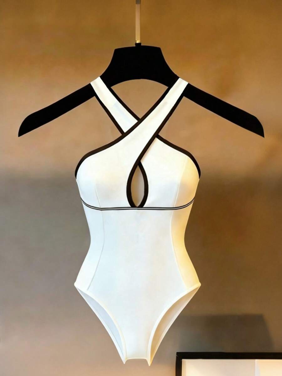 Franclia Women's Minimalist Elegant Solid Color Colorblock Crisscross Halter Bodysuit   Summer Clothes   Summer Outfits   Summer Outfit For Women   Beach Outfit For Women   Beach Outfits For Women   Beach Outfit   Casual Bodysuit  For Women   Casual Bodysuit   Vacation Outfits Women   Holiday Outfits For Women   Summer Holiday Outfits  Vacation Outfits For Women  White Bodysuit   White Bodysuit  For Women Body Suit Swimsuit Bathing Suit For Women Womans Swimming Costume Bodysuits For Ladies Swimsuits For Woman Club - White - View 1