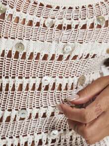 MUSERA Open Crochet Knit Shell Beaded Fitted Cropped Cami Top Spring Summer Elegant Vacation Holiday Ibiza Club Occasion Sexy Seashell Shores - White - View 6