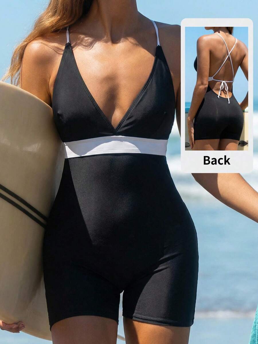Swim SPRTY Women's Black Summer Cute One-Piece Swimsuit,Color Block Twist Back Swimwear Bodysuit With Swim Shorts,Elegant Holiday Beach Party Outfits - Multicolor - View 1