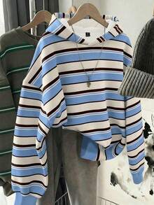 SHEIN EZwear 时尚百搭彩色条纹图案卫衣，适合外套、摄影、露营、秋季、冬季、返校季穿着，女士常规卫衣，时尚别致 - 彩色 - 查看 6