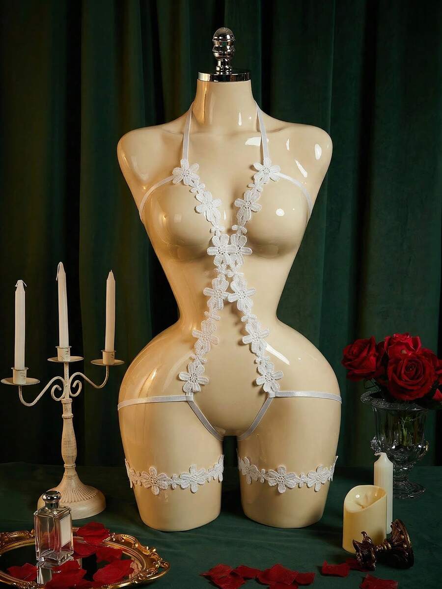 SpicyHot 女士性感蕾丝边连体衣，贴身内衣 - 白色 - 查看 1