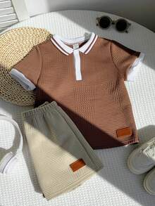 SHEIN Set de 2 pantalones cortos con cuello de canalé de contraste texturizado en caqui para niños pequeños, estilo universitario casual, cómodo y de moda, versátil para uso diario, viajes, al aire libre, vacaciones, playa, primavera/verano - Caqui - Ver 5