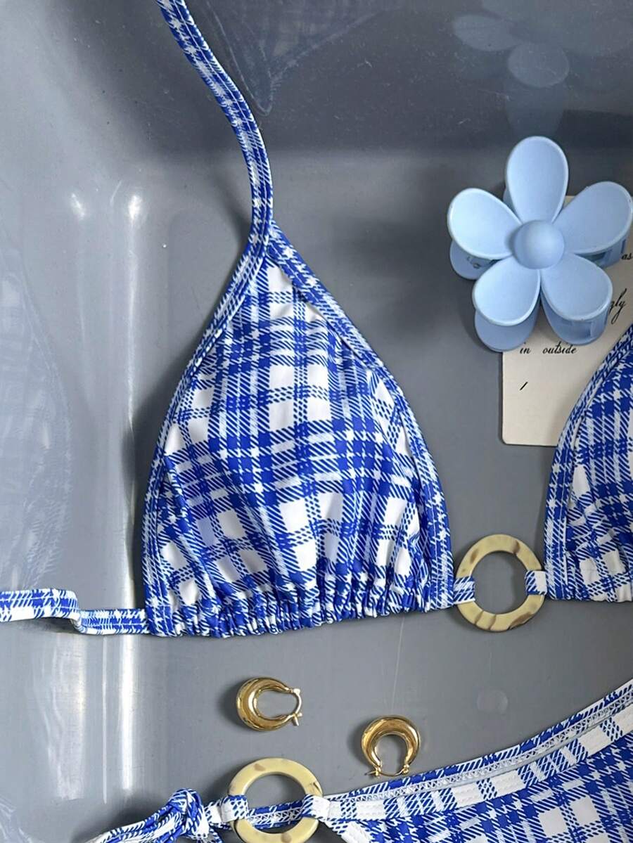Swim Mod 女士夏季两件套格子印花随机三角上衣系带比基尼泳衣套装 - 藍色 - 查看 1