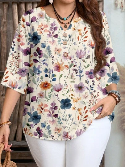 Mellowie Watercolor Floral Print Casual Loose Shirt, Suitable For Summer, Plus Size