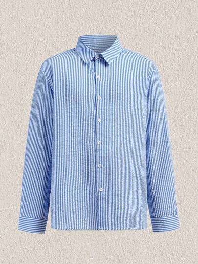 Mercer Haus Men's Casual Striped Textured Fabric Shirt, Soft And Comfortable, Suitable For Home Or Outdoor Wear, Casual Commute, Versatile, Simple And Elegant Style, Loose Fit Men's Top