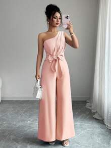 Elenzga Bộ jumpsuit ống rộng màu trơn thanh lịch, thắt eo, phù hợp cho người đi làm. - Hồng - Xem 6