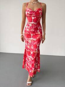 RiviMae Summer Island Vacation Beach Spaghetti Strap Draped Neck Fitted Waist Mermaid Dress For Women - Multicolor - View 5