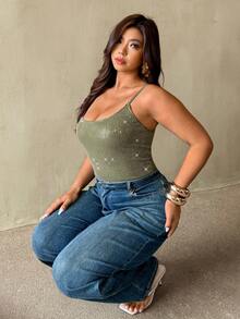 Auralis Plus Size Women's Lace & Sequin Splice Camisole,Army Green,Summer,70's,Night Out Club,Party,Y2K High Street Form-Fitting Vest For Music Festival - Army Green - View 3