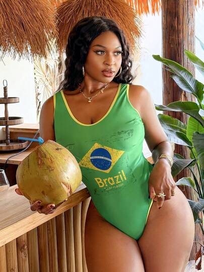 Slaydiva Plus Size Vacation Beach Brazilian Print Color Block One-Piece Swimsuit