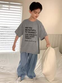 Dazy Kids Tween Boy Slogan Print Short Sleeve Top And Striped Pants Pajama Set Summer - Grey - View 5