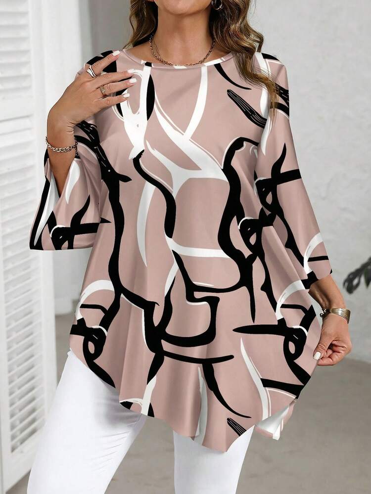 Plus Size Casual Asymmetric Hem Allover Print Shirt