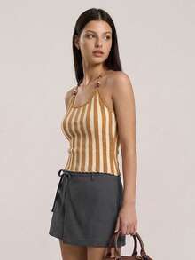 Muvela New Khaki Striped Adjustable Beaded Tie-Up Neck Knit Top, Elegant Urban Commuter Wear For Women, Spring/Summer - Coffee Brown - View 4