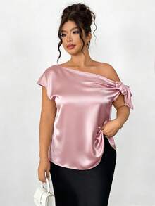 Cravure Plus Size Women's Satin Bow Tie Asymmetric Sleeveless Blouse, Glossy Elegant Versatile For Brunch, Work, Party, Vacation, Pink - Dusty Pink - View 4