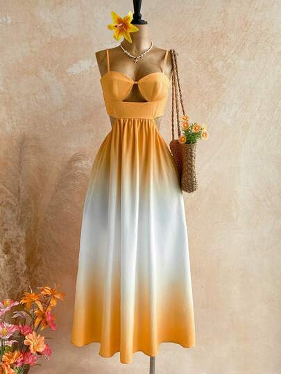 Soleia Ombre Color Cutout Waist Sexy Spaghetti Strap Dress For Women