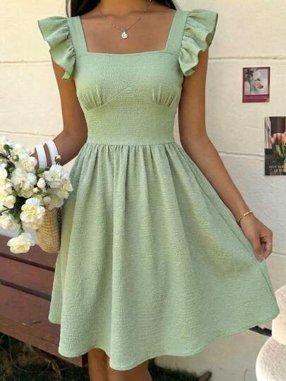 SHEIN Vestido sin mangas de cuello cuadrado de unicolor verde oliva tejido con recorte en forma de mariposa en la espalda, adecuado para vacaciones, festivales, almuerzos, festivales de música