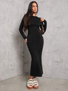 SHEIN PETITE Đầm dài tay màu đen xếp ly eo trơn - màu đen - Xem 7