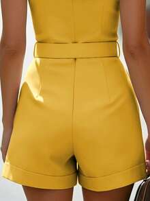EMERY ROSE 无袖西装领金属扣收腰卷边短裤连体裤 女士夏季穿搭 女士流行穿搭 女士连体裤 夏季女装套装 - 黃色 - 查看 5