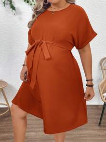 Plussiva Plus Size Maternity Casual Vacation & Commute Solid Color Batwing Sleeve Belted Loose Dress, Summer - Rust Brown - View 8